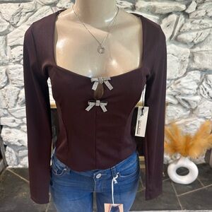 Haute Monde Deep Brown Long Sleeve Blouse with Bow Accents